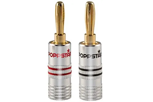 Poppstar 2x High End Bananenstecker, (bis 4 mm² verschraubt, verlötet 6 mm², 24k vergoldet, Aluminium-Gehäuse, 1x schwarz, 1x rot)