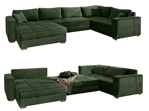 Modische Cord Wohnlandschaft U-Form 379 cm mit Schlaffunktion - Sofa in U-Form mit Bettkasten und Wellenunterfederung, ideal für entspannte Abende und Übernachtungsgäste. Erhältlich in trendigem Grün und anderen Farben.