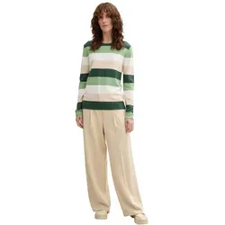 TOM TAILOR Damen Strickpullover mit Rundhals - Green Beige Block Stripe, L - Pullover für Damen aus weicher Baumwolle-Viskose Mischung, ideal für Freizeit und besondere Anlässe. Angenehmes Tragegefühl und Regular Fit für jeden Tag.