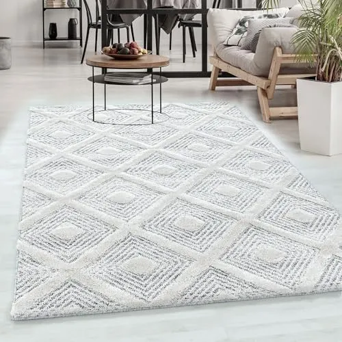 Carpetsale24 Teppich Läufer 80x150 cm Creme 3D Hoch-Tief Effekt Hochflor Skandi Stil Rauten Design Modern Weich Pflegeleicht für Flur Eingangsbereich Küche Schlafzimmer