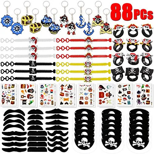 BabyCareV 88Pcs Piraten Mitgebsel Set Piraten Party zubehör Piraten Schlüsselanhänger Piraten Ringe Piraten Armband Piraten Tattoos für Kindergeburtstag Halloween Preise
