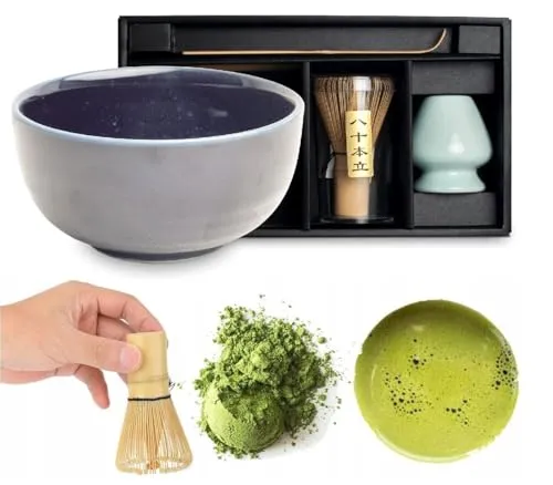 WESTCRAFT Matcha Set 4 tlg. mit original japanischer Schale - Vollständiges Set zur traditionellen Matcha-Zubereitung: handbemalte Schale, natürlicher Matcha Besen und Löffel in Geschenkbox. Ideal für Teeliebhaber und besondere Anlässe.