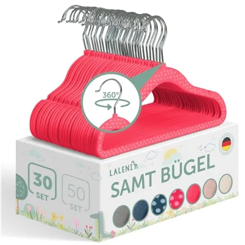 Laleni Kinder-Kleiderbügel 30 Stück aus Samt – platzsparende Baby-Kleiderbügel – 360° drehbare Kinder-Kleiderbügel – rutschfeste Kinderbügel – Kinderbügel – rosa mit Punkten