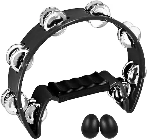 EASTROCK Hand Halbmondförmiges Tamburin, Halbmond Form Schellenring mit ergonomischem Handgriff, Schlaginstrument Musik Zweireihige Metall Jingles für Geschenk KTV Party (Single, Schwarz)
