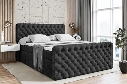 ALTDECOR Boxspringbett BOXI8-Z KING 180x200 cm - Schwarz Samt mit Stauraum - Elegantes Boxspringbett mit zwei Matratzen (H3/H4) und Topper für optimalen Schlafkomfort. Inklusive Bettkästen für extra Stauraum und abnehmbaren, waschbaren Bezug – ideal für ein aufgeräumtes Schlafzimmer.