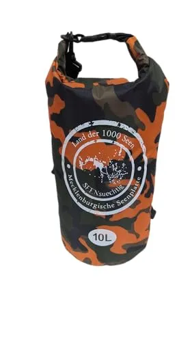 Dry Bag Trockensack Seesack 100% wasserdicht Packsack Tasche Beutel Wasssersport Kanu Kajak SUP Tauchen Schwimmen Baden Strand Angeln Campen wasserfest Schultergurt Drybag Orange Camouflage 10 Liter