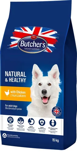 Butchers Natural & Healthy Adult Hundefutter mit Huhn 15 kg - Hundefutter für Erwachsene mit leicht verdaulichem Hühnerfleisch, unterstützt Haut, Fell und Verdauung. Ohne künstliche Zusätze für eine gesunde Ernährung.