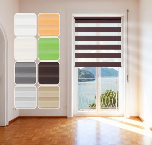 Doppelrollo Braun 100x215cm - Seitenzug- & Springrollos, praktische Montage ohne Bohren mit stufenlos regulierbaren Klemmträgern für flexiblen Lichtschutz.