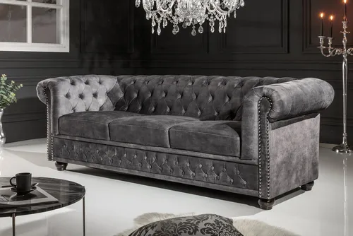 Riess-Ambiente Chesterfield 3-Sitzer Sofa grau 205cm - Einzelsofa im eleganten Chesterfield-Design, aus hochwertigem Samt mit Federkern, ideal für stilvolle Wohnzimmer und entspannte Abende.