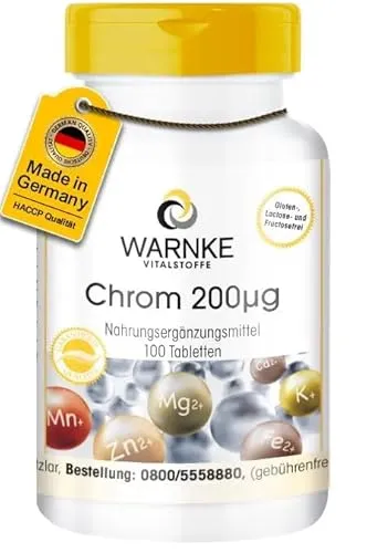 Chrom 200µg - 100 Tabletten Chrompicolinat für 100 Tage - Nahrungsergänzungsmittel - hochdosiert - vegan | Warnke Vitalstoffe - Deutsche Apothekenqualität