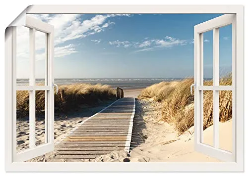 ARTLAND Wanddeko Poster & Kunstdrucke Wandposter 100x70 cm Fensterblick Fenster Strand Meer Maritim Düne Leuchtturm Nordsee Langeoog T5RQ