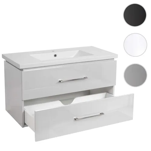 Premium Waschbecken + Unterschrank HWC-D16, hochglanz 90cm in Weiß - Waschbeckenunterschrank mit Soft-Close-System, viel Stauraum und modernem Design für ein frisches Badezimmerambiente. Inkl. Waschbecken aus Keramik.