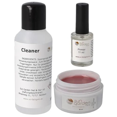 Sun Garden Nails Nailset mit UV Cover Camouflage Make Up Aufbau Gel für Gelnägel 30ml mit Nail Primer und Nagel Cleaner 100ml Nagelset zur Nagelverlängerung