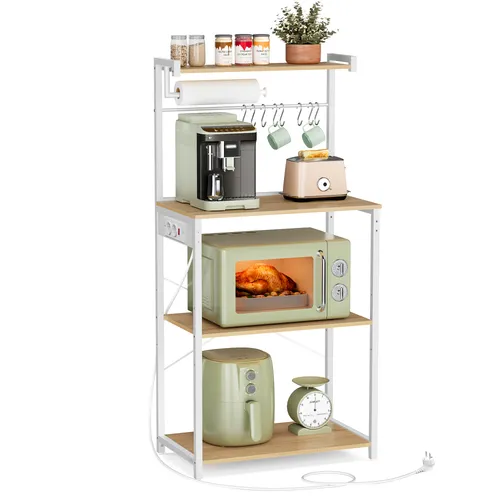 VASAGLE Küchenregal mit Steckdosen, 4 Ebenen, verstellbare Ablage - Beige - Praktisches Küchenregal mit integrierter Steckdosenleiste für Küchengeräte. Kompakt, robust und ideal für kleine Küchenräume. Verstellbare Ablage für vielseitige Nutzung.