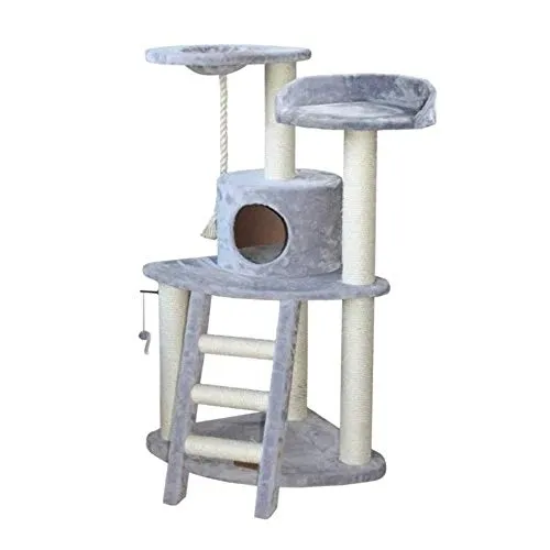 Europet Bernina Kratzbaum Classic Catar grau - Platzsparender Eck-Kratzbaum für Katzen mit Sisal-beklebtem Stamm, Plüsch-Hängematte und Spielzeug - ideal für Spiel und Entspannung.