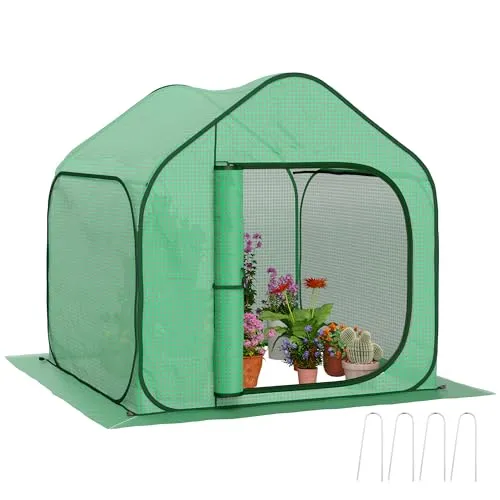Outsunny Mini Pop-up-Gewächshaus, kleines Gartengewächshaus für Gemüse, Pflanzen, Blumen, mit Reißverschlusstür, Überwinterungszelt aus PE, für drinnen und draußen, 150 x 148 x 148 cm, grün