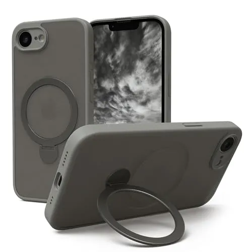 EAZY CASE - Qi Charging Handyhülle für iPhone 16e kompatibel mit Qi Charging Hülle mit Ständer kompatibel mit iPhone 16e Hülle mit 360° Ring & Magnetfunktion zum Aufstellen stoßfest Cover in Grau