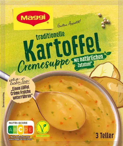 Maggi Cremesuppe Kartoffel, 0,75 l - Fixprodukte: Die herzhafte Kartoffelcreme Suppe ist ein schneller Klassiker der deutschen Küche und ergibt drei Teller voll Genuss für die ganze Familie.
