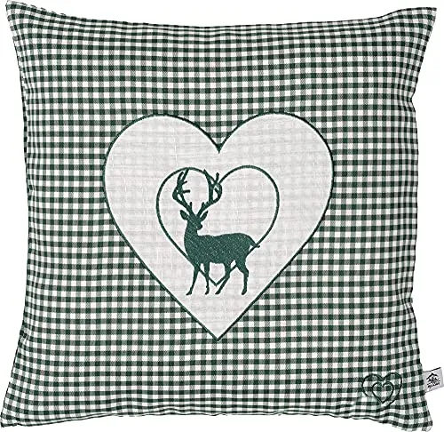 myZirbe Zirbenkissen Bestickt mit Hirsch und Herz grün karriert Größe 40x40 cm befüllt mit Zirbenflocken aus Zirbenholz in extra Inlett