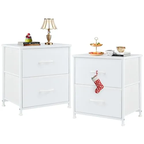 DUMOS Nachttisch 2er Set Beistelltisch Stoff Schubladenschrank Schmal Schrank Kommode Schlafzimmer Industrial Stil für Wohnzimme Kinderzimmer Flur Aufbewahrungsschrank