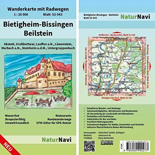 Bietigheim-Bissingen - Beilstein: Wanderkarte mit Radwegen, Blatt 52-543, 1 : 25 000, Abstatt, Großbottwar, Laufen a.N., Löwenstein, Marbach a.N., ... (NaturNavi Wanderkarte mit Radwegen 1:25 000)