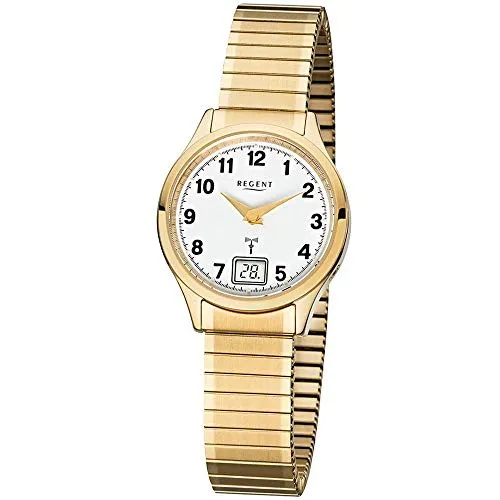 Regent Damen Analog-Digital Quarz Uhr 12030082 - Elegante Armbanduhr für Damen mit goldenem Edelstahlgehäuse, wasserdicht bis 5 bar und flexiblen Armband – ideal für jeden Anlass.