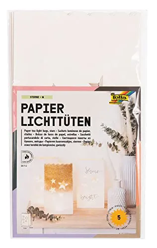 folia 12410 - Papier-Lichtertüten Sterne, Tüten aus schwer entflammbarem Papier, 5 Stück, ca. 24,5 x 14 x 8,5 cm, stimmungsvolle Tischdekoration im Advent und zu Weihnachten