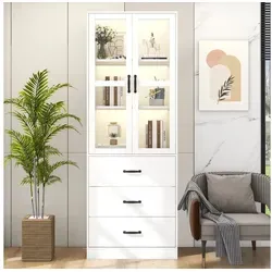 OKWISH Vitrine Stauraumvitrine (mit LED-Beleuchtung, Standvitrine mit 3 Schubladen und 2 beweglichen Trennwänden) Stauraumvitrine mit Glastüren und verstellbaren Einlegeböden weiß
