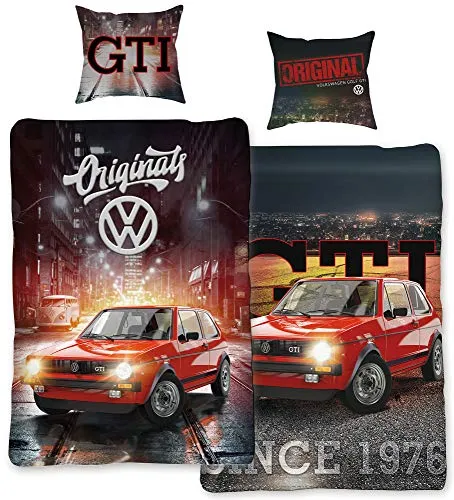 BERONAGE VW Volkswagen Golf GTI Bettwäsche Set - Bettwäsche-Set (135x200 cm + 80x80 cm) aus 100% Baumwolle in Biber-Flanell-Qualität, ideal für Tuning-Fans und sorgt für einen gesunden Schlafkomfort.
