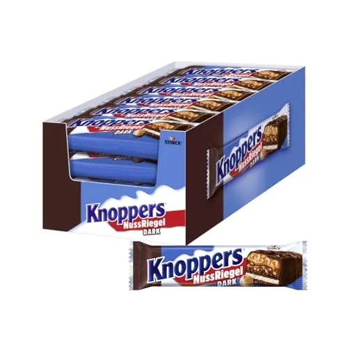 Knoppers NussRiegel Dark – 24 x 40 g Riegel – Schokoriegel mit Milch- und Nugatcreme, Haselnüssen, Karamell und Vollmilchschokolade