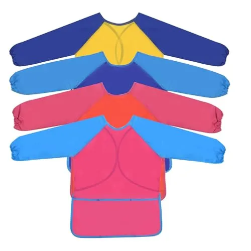 volumoon 4 Stück Malschürze Kinder, Schürzen Set mit Taschen,Kochschürze Jungen Mädchen Verstellbare Kleinkind für Basteln Malen Backen Kochen