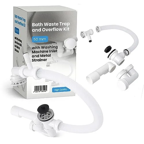Badewanne Siphonablauf 50mm Mit Waschmaschinenablauf Und Metallsieb Abfluss Badewannenabflussrohr Siphon mit Waschmaschinenanschluss Abwassersysteme Geruchverschluss
