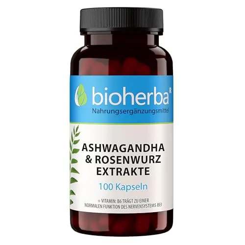 Ashwagandha Rhodiola – 100 Kapseln von BIOHERBA | Pflanzlicher Komplex mit B-Vitaminen