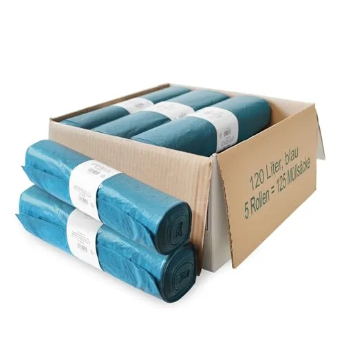 Müllsäcke, 125 St. extra starke blaue Müllbeutel, 120 l Fassungsvermögen, 700 x 1.100 mm, Typ 70 mit 42 my, besonders reißfest, ideal für Garten, Umzüge, Entrümpelungen & Haushalt, 5er Pack
