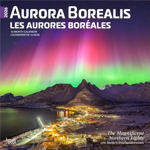 Aurora Borealis | 2026 12 x 24 Inch (Hanging) Monthly Square Wall Calendar | Foil Stamped Cover | English/French Bilingual | Plastic-Free | BrownTrout | USA Alaska Northern Lights