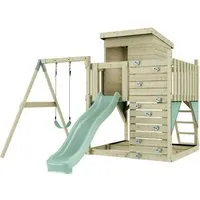 PolarPlay Spielturm Alma aus Holz in Grün mit Schaukel - Schaukeln für Kinder, aus hochwertigem Holz gefertigt und ideal für stundenlangen Spielspaß im Garten.