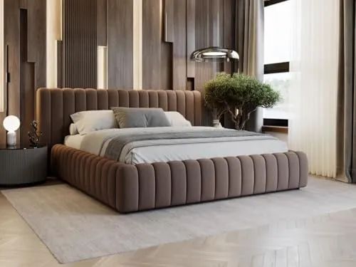 GRAINGOLD Bliss Bett 200x200, Polsterbett mit Bettkasten, Polsterbett mit Stauraum, Samt Stoff, mit Lattenrost, mit Kopfteil, ohne Matratze (Braun, 200x200)