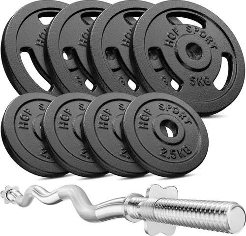 Hop-Sport Gusseisen Hantel-Set 37kg inkl. SZ-Curlstange 120cm, Gewichte: 4x5kg, 4x2,5kg 30mm Hantelscheiben