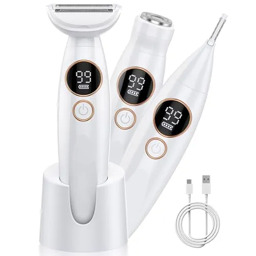 Rasierer Damen Intimbereich, Intimrasierer für Frauen & 3-in-1 Elektrischer Damenrasierer, IPX7 Wasserdicht mit LED Display für Gesicht, Beine, Achseln, Damenrasierer, Ladyshaver, USB-C Ladestation
