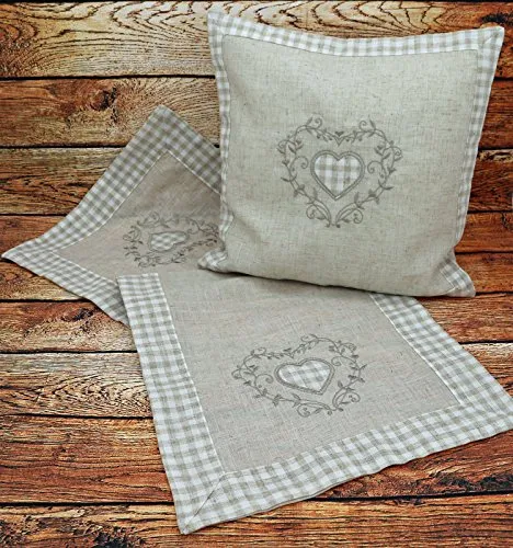 heimtexland Landhaus Tischläufer Vichy Karo 40 x 90 cm Natur Leinen Herz Stickerei Applikation Tischdecke Country Chic Deko ÖKOTEX Typ502