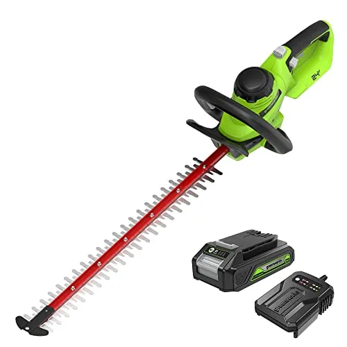 Greenworks Akku-Heckenschere 24V G24HT56IIK2, 56cm doppelseitige Klinge, schneidet Äste und Stämme bis zu 25,4mm Dicke und 3000 SPM mit 2Ah Akku & Ladegerät