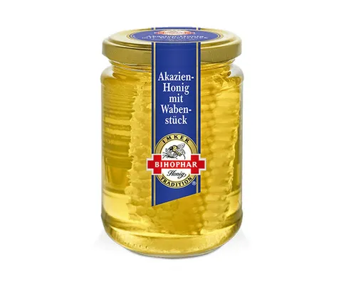 BIHOPHAR Honig, Bihophar Akazien Honig mit Wabenstück Bienenwachs im Glas 500g
