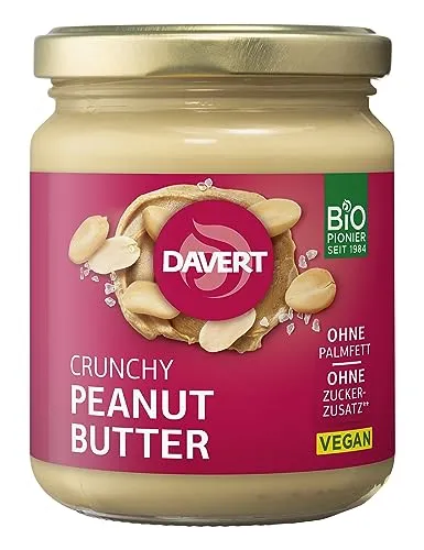 Davert Crunchy Peanutbutter 250g – Feinstes Erdnussmus mit einer Prise Steinsalz und crunchigen Erdnusstücken – 100% Davert Bio-Qualität (1 x 250g)