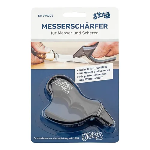 Herbertz Messerschärfer - V-förmiger Schärfeinsatz - Praktischer Messerschärfer mit schwarzem Kunststoffgehäuse und Schutzbügel, ideal für scharfe Klingen und sichere Anwendung.
