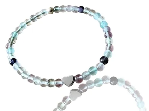 Steinfixx® - Echtes Fluorit Perlenarmband mit 925 Silberperle und silbernem Herz - Hochwertiges Edelsteinarmband - handgefertigt in Deutschland - Stoffwechsel - incl. Geschenkbox (Perlen 4 mm)