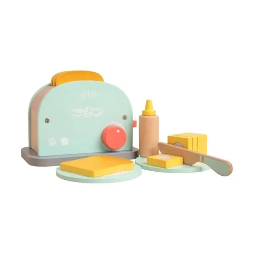 Owl & Fox Holz-Toaster-Set – Spielzeug-Frühstücksset mit Zubehör, Spiellebensmittel, Küchen-Rollenspiel – Ab 3 Jahren – Traditionelles Holzspielzeug Holz-Montessori-Spielzeug