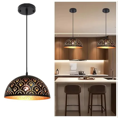YNDD Hängelampe Esstisch Schwarz Gold, Küchenlampe Hängend Verstellbar Pendellampe Retro Vintage E27 Ø: 30cm Metall Hängeleuchten & Pendelleuchten Rund Aushöhlen Kronleuchter für Küche Esszimmer