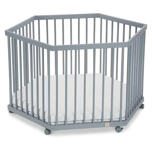 FabiMax Baby Laufgitter 6-eck Grau, höhenverstellbar aus Buchenholz