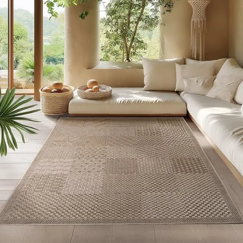 HomebyHome In- & Outdoor Teppich Beige 160x230 cm Läufer, Wetterfest & UV-beständig, Ideal für Küche, Balkon, Terrasse, Wohnzimmer und Esszimmer, Einfarbig im Boho-Stil.