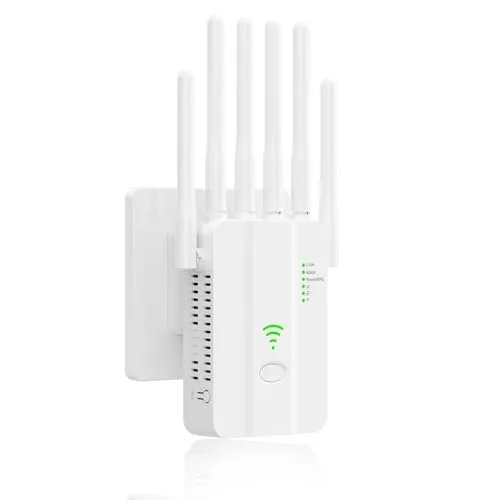 WLAN Verstärker, WLAN Repeater 300 Mbit/s Dual Band 2.4GHz, WiFi Range Extender für Steckdose mit 6 Antennen bis 1500m² Reichweite mit LAN/WAN Port Access Point Modus Reichweite Erhöhen Einrichtung